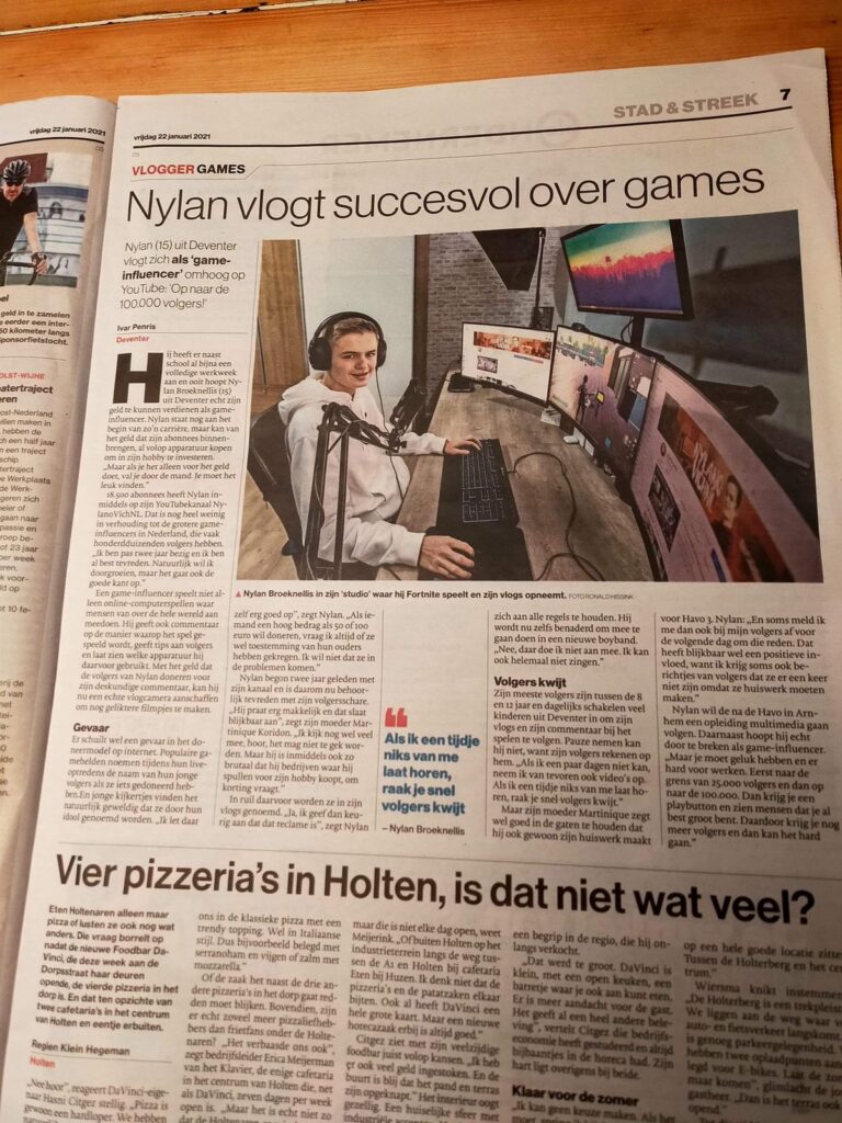 Krantenartikel uit De Stentor van 22 januari 2021: Nylan vlogt succesvol over games